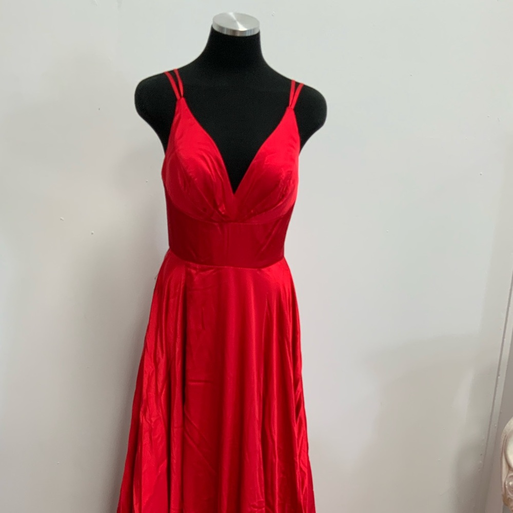 Long satin dress w/ plunge neckline and strappy  back